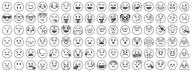 Black and white faces emoji. Stencil emoticon icon vector set
