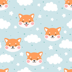 Dog Seamless Pattern Background, Happy shiba inu with dog paw and bone, Cartoon Shiba Dog Vector illustration, scandinavian wallpaper background