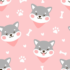 Dog Seamless Pattern Background, Happy shiba inu with dog paw and bone, Cartoon Shiba Dog Vector illustration, scandinavian wallpaper background