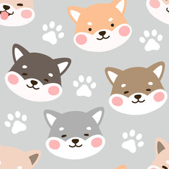 Dog Seamless Pattern Background, Happy shiba inu with dog paw and bone, Cartoon Shiba Dog Vector illustration, scandinavian wallpaper background