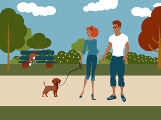 The Couple are Walking a Dog in Park Illustration