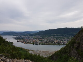 the sherpa stone stairs in mosjoen, nordland, with a view of Mosjoen city center in summer