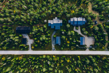 Aerial view of rural village, residential area with cottages in Finland