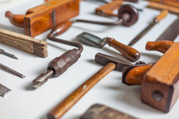 Old hand drill and small wooden hammer with patina attachment Lyre drill crank chest lyre antique...