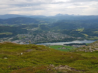 beautiful northern city of Mosj&oslash;en seen from the &oslash;yfjellet mountain in summer