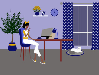 The Girl is Working at Home Office with a Cat at Night Illustration