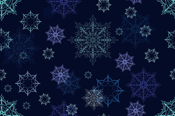 Naklejka na ściany i meble Winter decorative seamless pattern with falling snowflakes. Light ornament on a dark background. Snowy winter illustration for decoration and printing on fabric, paper, wrapper