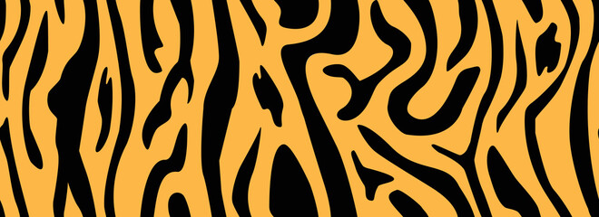 Tiger skin - seamless pattern. Vector printing illustration for fabric. Fashion style trendy stripes. African motifs pattern for clothes. Zebra black lines on an orange background.