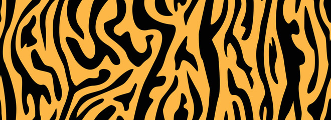 Tiger skin - seamless pattern. Vector printing illustration for fabric. Fashion style trendy stripes. African motifs pattern for clothes. Zebra black lines on an orange background.