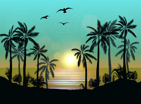Summer beach night palm silhouettes on summer sunset with beautiful night sky background. Tropical sunset, summer paradise. Vector illustration.