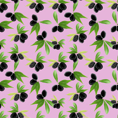 Gouache seamless pattern with olive tree branch, leaves and black olives on pink background. Hand painted botanical illustration for textiles, packaging, fabrics, menus, restaurants