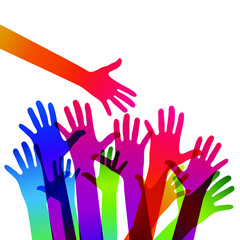 Hands on a light background. Colorful silhouettes arms.  Vector team, help, friendship symbol illustration.