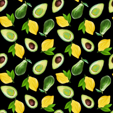 Bright vegetarian Fruit Painted Seamless Pattern hand-drawn in gouache avocado and lemon on black background Design for textiles, packaging, fabrics, menus, restaurants