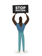 Stop racism slogan. Black lives matter. Black man protests