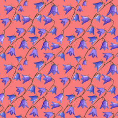 seamless pattern with bellflowers campanula flowers on coral background. Floral background in gouache. Holidays presents and gifts wrapping paper For textiles,packaging,fabric,wallpaper