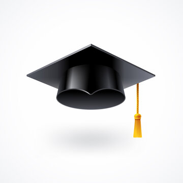 Graduation cap with golden tassel isolated on white background. Square academic cap. Vector illustration.