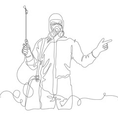 Specialist in hazmat suits cleaning disinfecting coronavirus cells epidemic, pandemic health risk-one line art