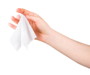 Woman hand use antibacterial wet wipes or tissue isolated on a white background
