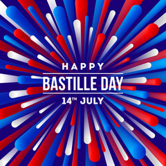 French national holiday - Bastille day. Greeting design with firework burst rays in color of France flag. Vector illustration.