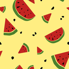 Bright Fruit pattern. Isolated Watermelons on a neutral yellow background. Modern illustration with fresh fruits