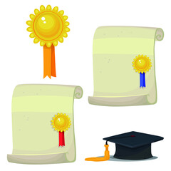 medals, diplomas and hat graduate vector illustration