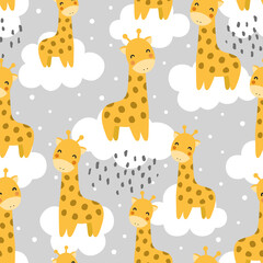Obraz premium Flamingo and Giraffe Cute Seamless Pattern, Animal Summer Wallpaper Background, Cartoon Vector illustration