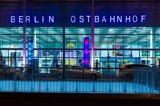 BERLIN - OCTOBER 09, 2013: Berlin Ostbahnhof in the night illumination. Berlin Ostbahnhof (Berlin East railway station) is a mainline railway station in Berlin.