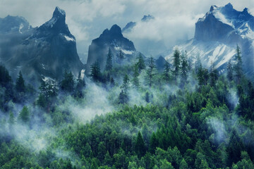 Morning fog in the mountains.  Foggy mountains and forest