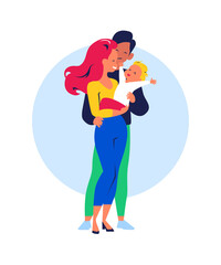 Happy young family, family time, positive emotions concept. Mother holding baby and father embracing them standing together isolated on white background. Vector flat illustration.