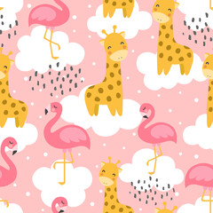 Flamingo and Giraffe Cute Seamless Pattern, Animal Summer Wallpaper Background, Cartoon Vector illustration