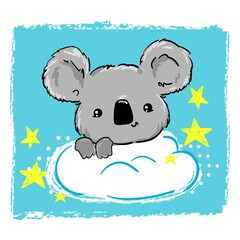 Сute Koala sitting on a cloud and stars. Vector illustration. Print for home clothes, pajamas, a nightdress, textiles. Childish design.