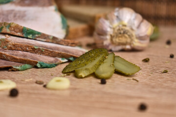 snacks on the table. bread, lard, cucumbers