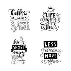 Set of coffee lettering typography designs. Hand drawn lettering phrase. Modern motivating calligraphy decor. Scrapbooking or journaling card with quote.