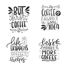 Set of coffee lettering typography designs. Hand drawn lettering phrase. Modern motivating calligraphy decor. Scrapbooking or journaling card with quote.