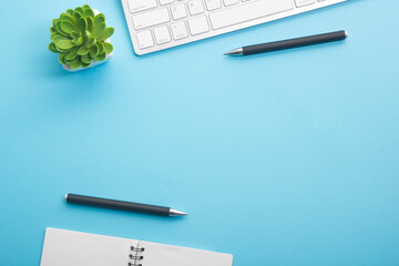 Office desk table with supplies. Flat lay Business workplace and objects. Top view. Copy space for text