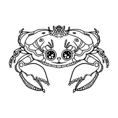 Cute crab drawn black line doodle . Design template, logo, icon,card, banner . Vector isolated illustration.