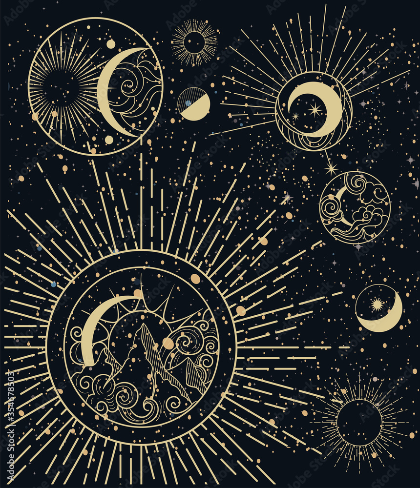 Wall mural card design showing the moon phases in intricate vector illustrations on a dark sky background for a