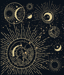 Card design showing the Moon Phases in intricate vector illustrations on a dark sky background for astrology concepts