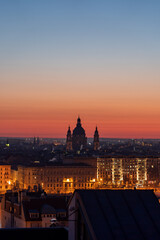 Budapest skyline of St. Stephen's Basilica before sunrise from buda castle