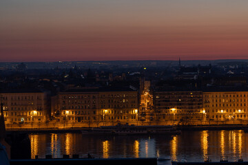 Fototapeta na wymiar Budapest skyline of Danube riverbank before sunset in winter time from Buda Hill
