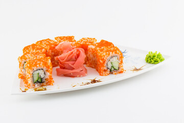Close-up of traditional Japanese sushi on a white background. Design of the sushi bar menu. Japanese cuisine.