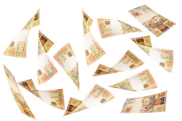 50 reais banknotes from Brazil falling on isolated white background. Concept of fortune, prize, big luck or investment