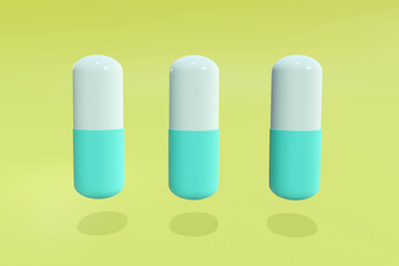 Pill medicine capsules colorful. Pink on blue background Illustration wallpaper for backdrop. Design product presentation. 3D Rendering.
