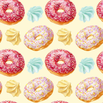 Donut watercolor illustrations isolated on color background. Seamless pattern with colorful donuts with glaze and sprinkles.