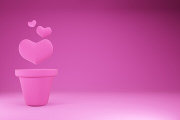 Pink growing hearts and pots purple measurement and analysis. Valentine's day Family. Illustration wallpaper for background. Business design product presentation. 3D Rendering. 
