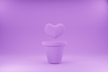 Pink growing hearts and pots purple measurement and analysis. Valentine's day Family. Illustration wallpaper for background. Business design product presentation. 3D Rendering. 
