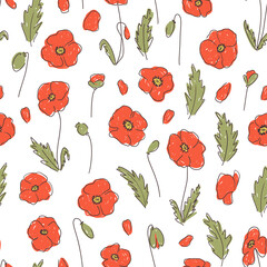 Poppy flower childish seamless pattern, floral pattern, red flowers on white background. Texture for - fabric, wrapping, textile, wallpaper, apparel. 