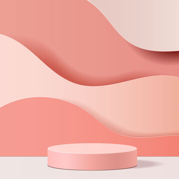 minimal scene with geometrical forms. Cylinder podium in pink background. Scene to show cosmetic product, Showcase, shopfront, display case. 3d vector illustration.