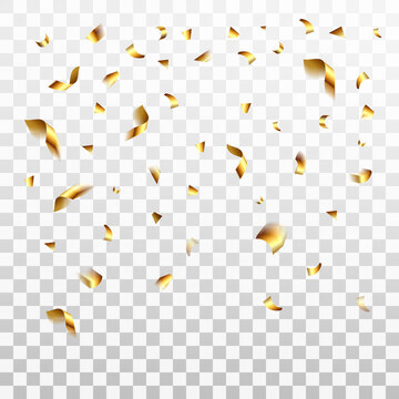 Festive glittering gold confetti falling. Isolated on white transparent background. Vector illustration, eps 10.