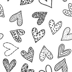 Black and white doodle hearts shapes isolated on white background. Romantic seamless pattern drawn by hand. Cute print design for textile, wrapping paper, mug, shirt, cover. Stock vector illustration.